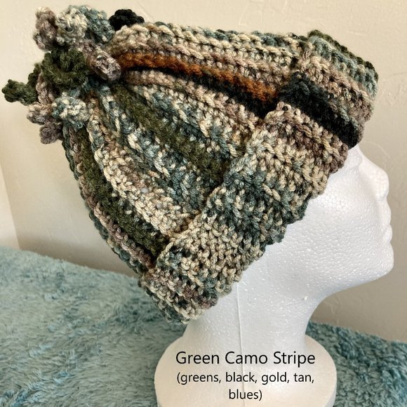 Adorable adult Beanie with Fringe! Color: Green Camo Stripe - Picture 1 of 1